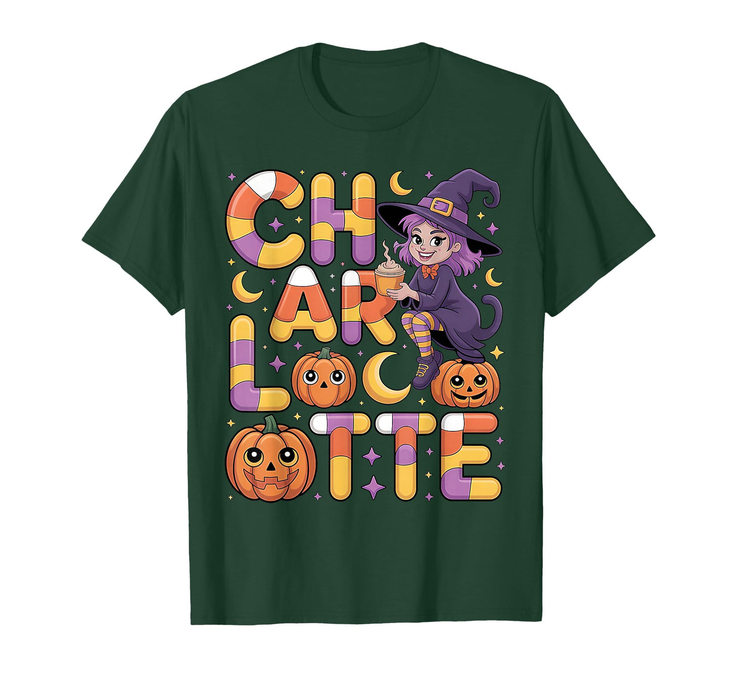Charlotte Witch Candy Corn Cat Halloween Women and Girls T-Shirt
