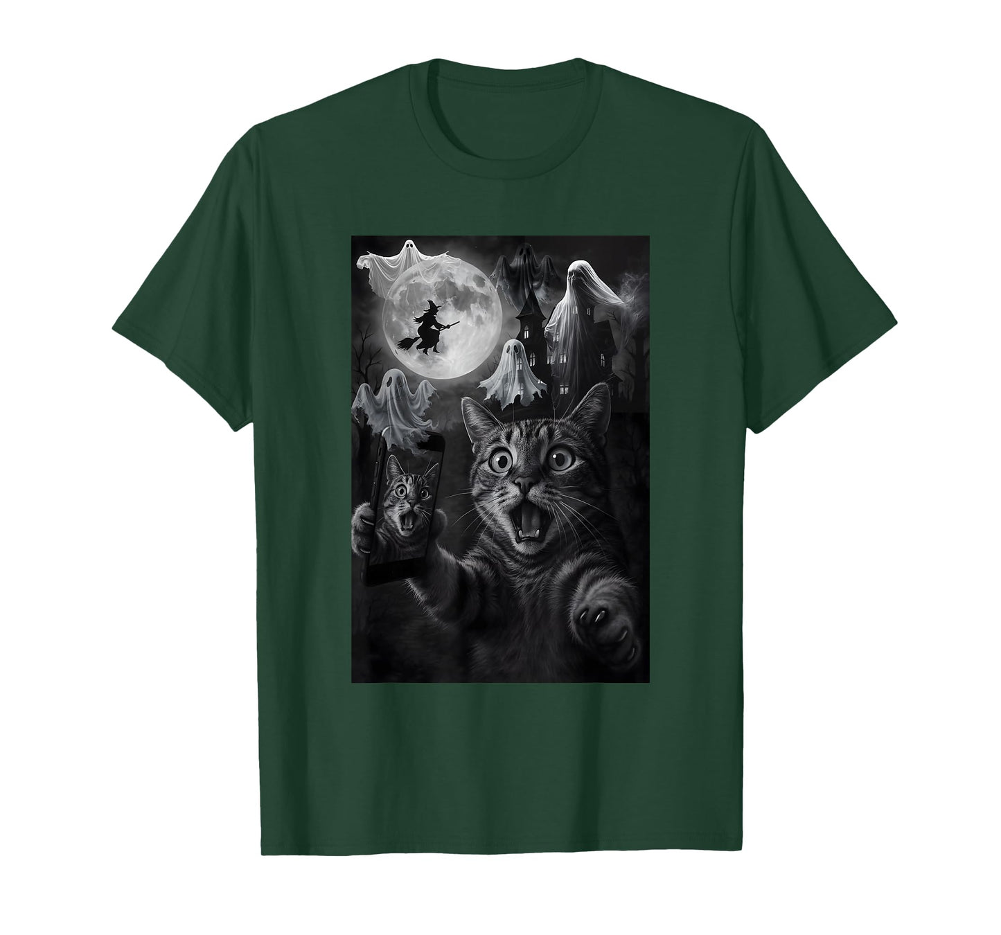 Halloween Surprise Cat Selfie Scary House Ghost Witch Flying T-Shirt