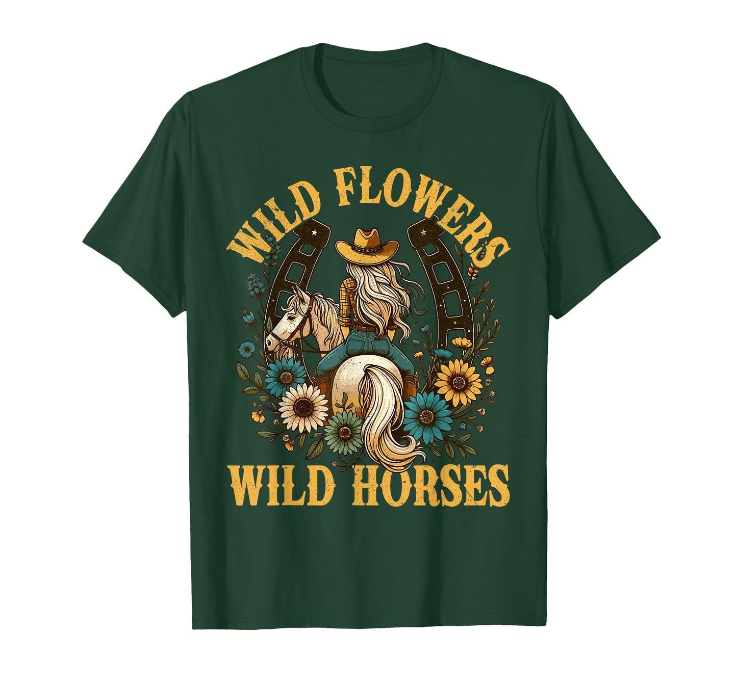 Retro Southern Sunset Cowgirl Wild Flowers - Wild Horses T-Shirt