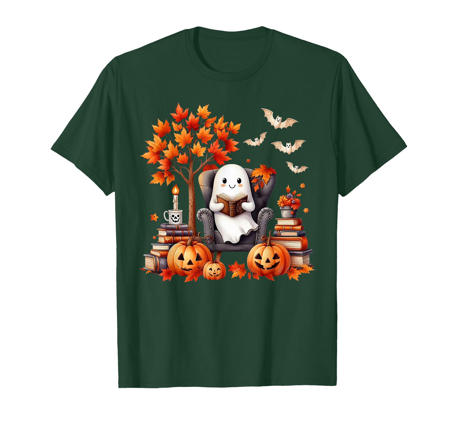Vintage Ghost Book Reading Pumpkin Gothic Halloween Teachers T-Shirt