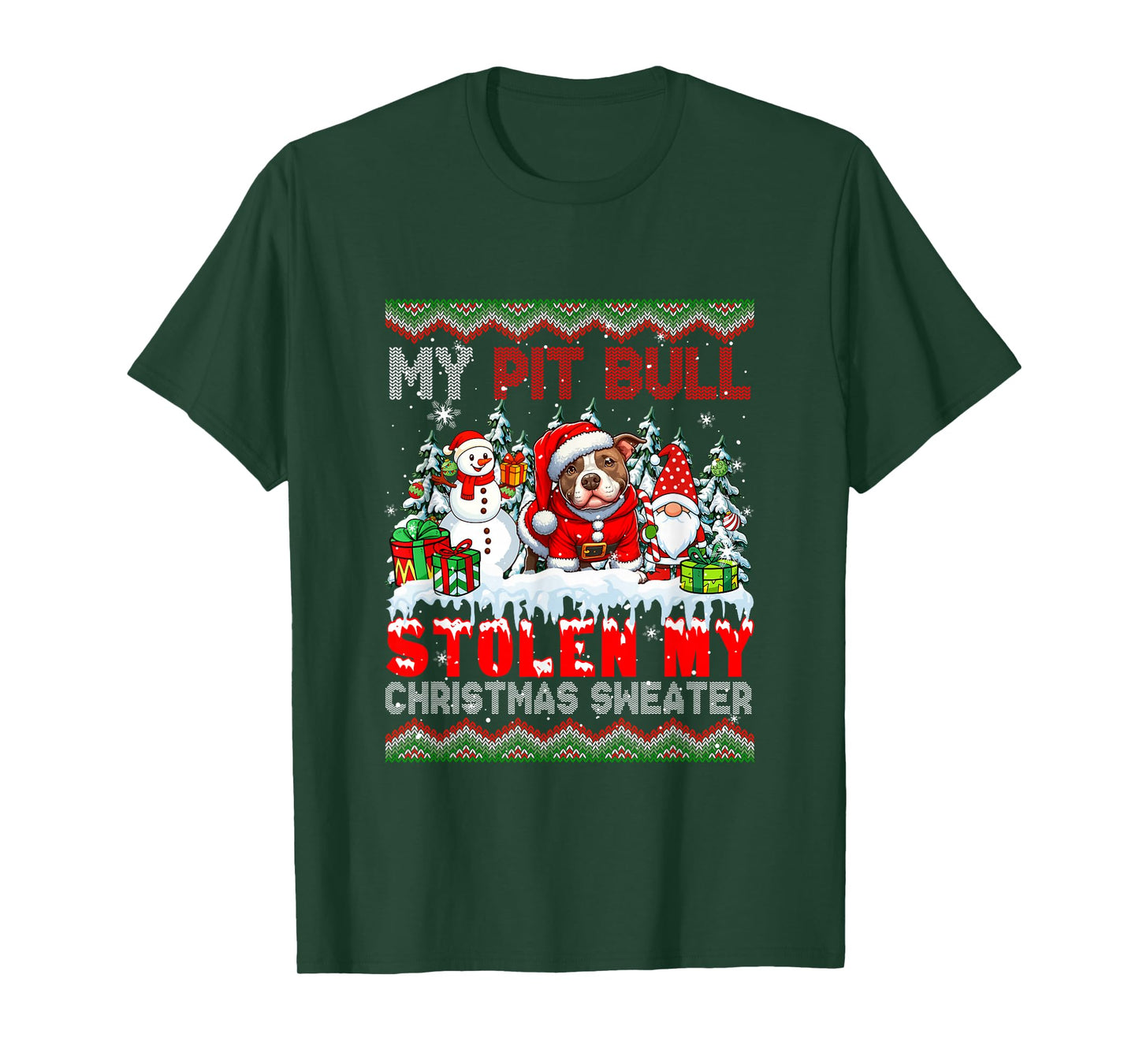 My Pit Bull Stolen My Christmas Sweater Santa Dog Gnome T-Shirt