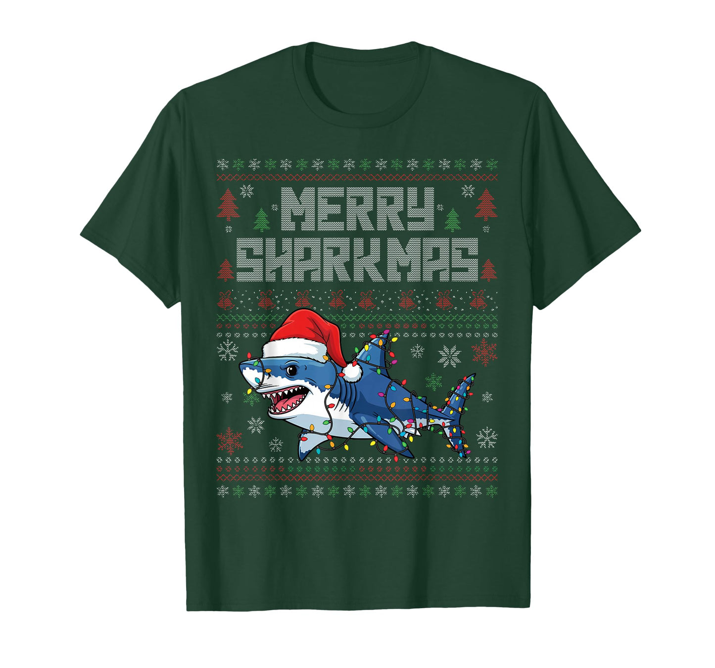 Merry Sharkmas Shark Lights Santa Funny Ugly Christmas T-Shirt