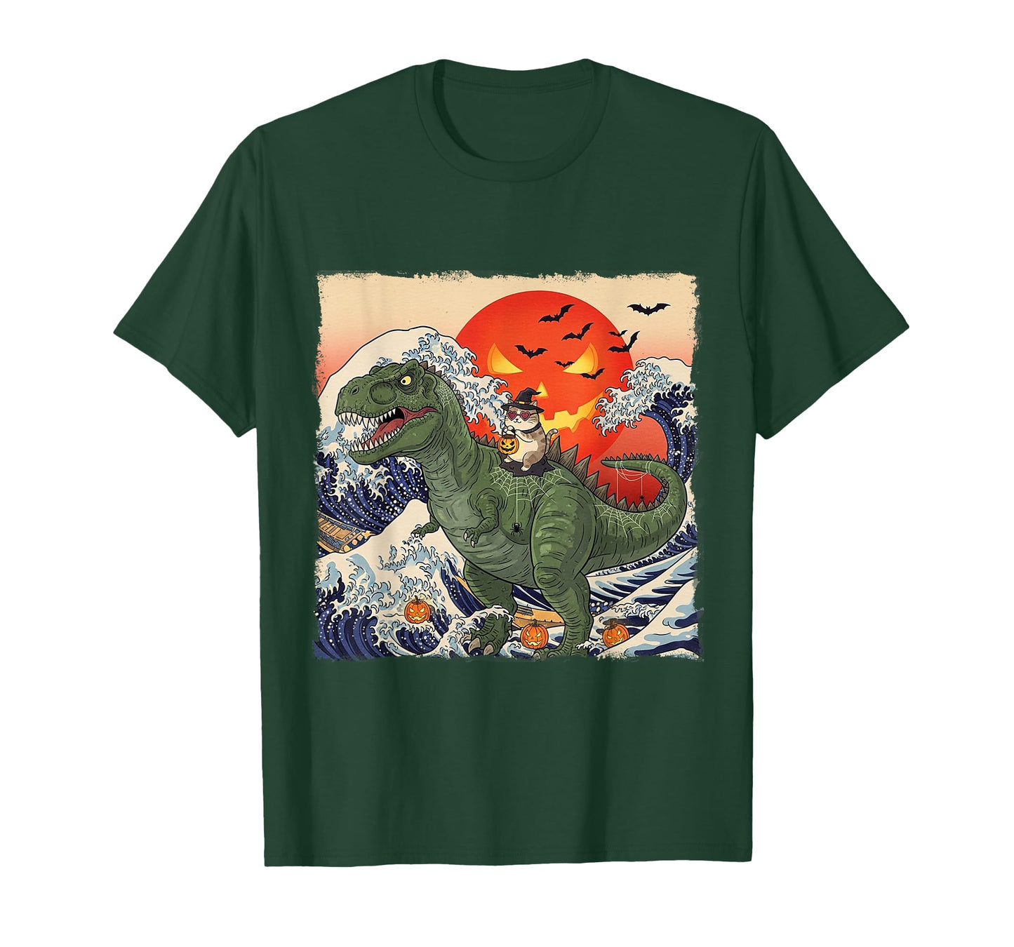 Funny Halloween Witch Cat Riding Dinosaur T-rex Ukiyo-e Wave T-Shirt