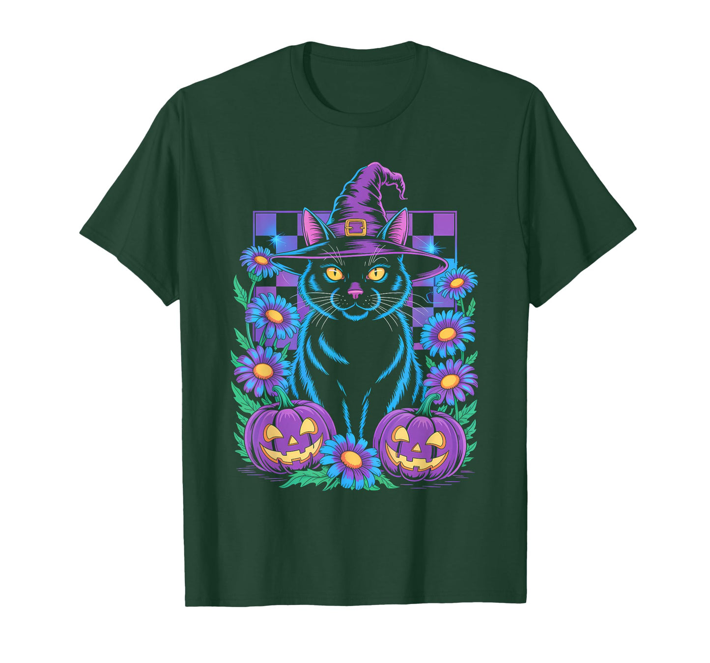 Retro Floral Checkered and Witch Cat with Pumpkins Halloween T-Shirt