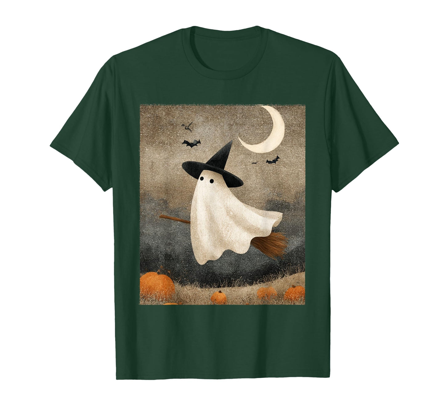 Spooky Ghost Witch on Broom Halloween Art T-Shirt