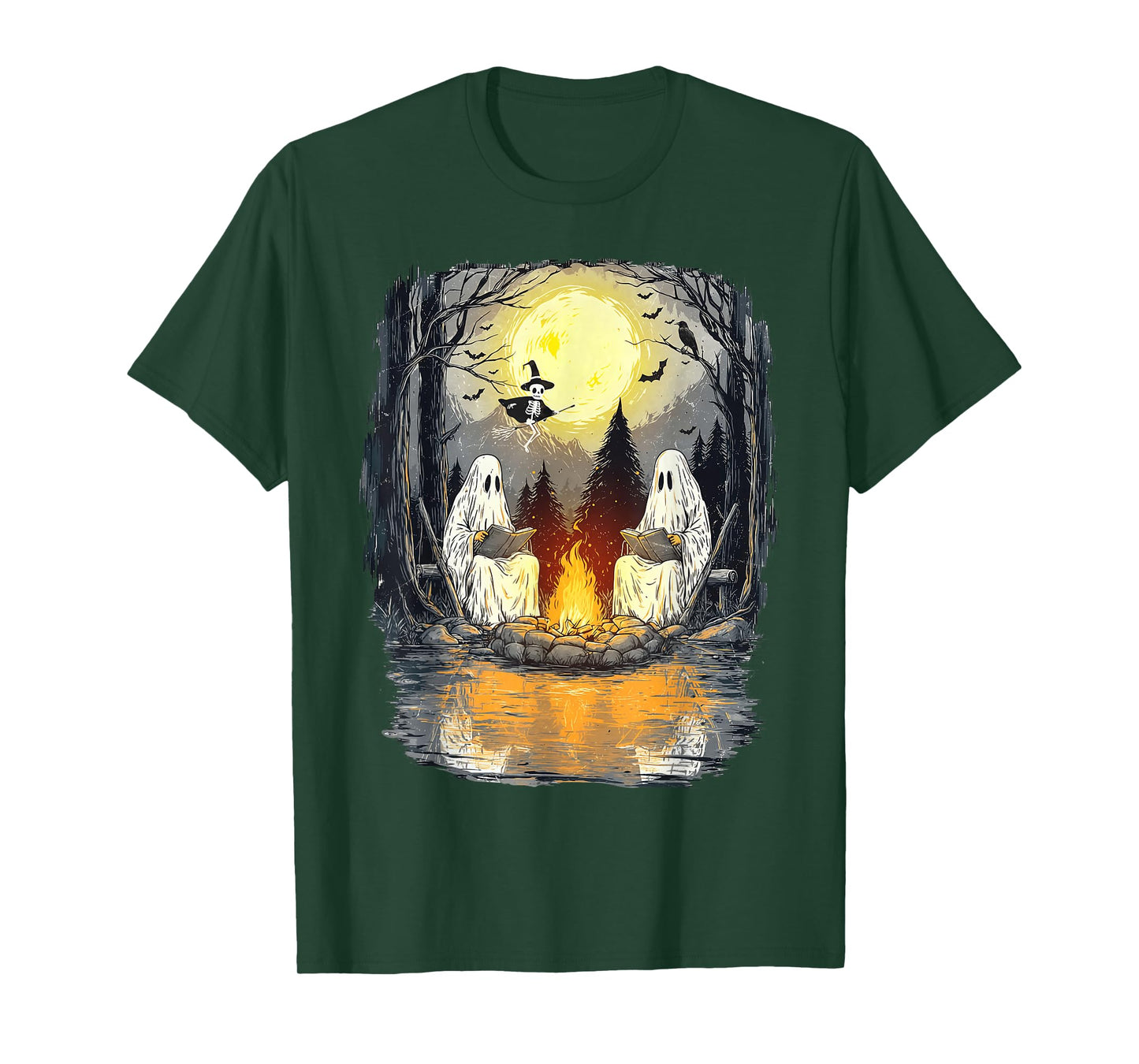 Ghost Reading Book Lover Camping Halloween Campfire T-Shirt