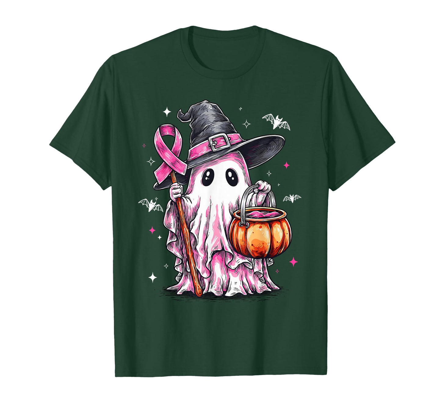 Retro Pink Ghost Witch Halloween Breast Cancer Awareness T-Shirt