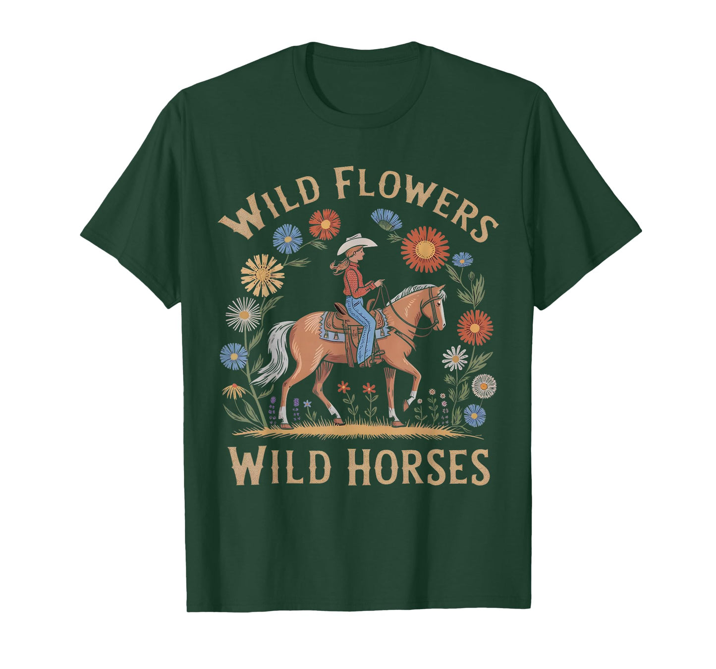 Retro Southern Sunset Wild Cowgirl Flowers - Wild Horses T-Shirt