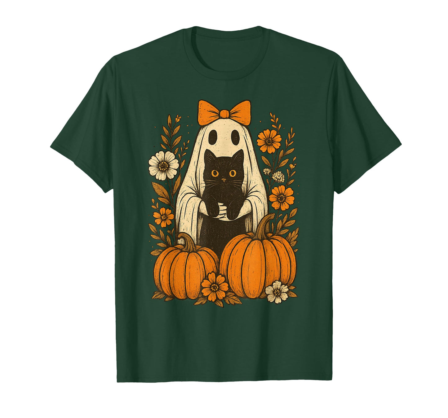 Vintage Halloween Ghost Holding Black Cat Groovy Floral T-Shirt