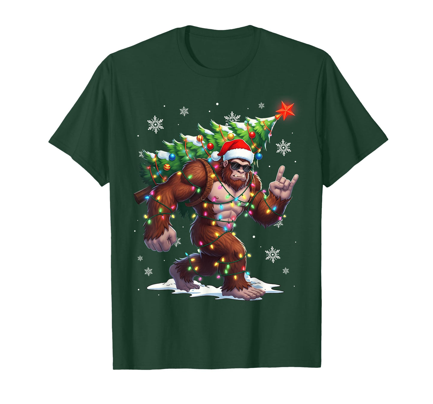 Funny Bigfoot Sasquatch Santa Christmas Tree Xmas Lights T-Shirt