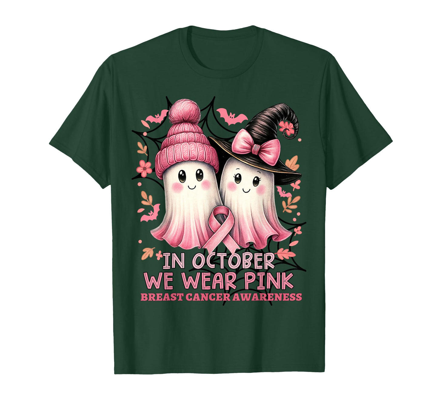 in October We Wear Pink Ghost Witch Breast Cancer Awareness T-Shirt