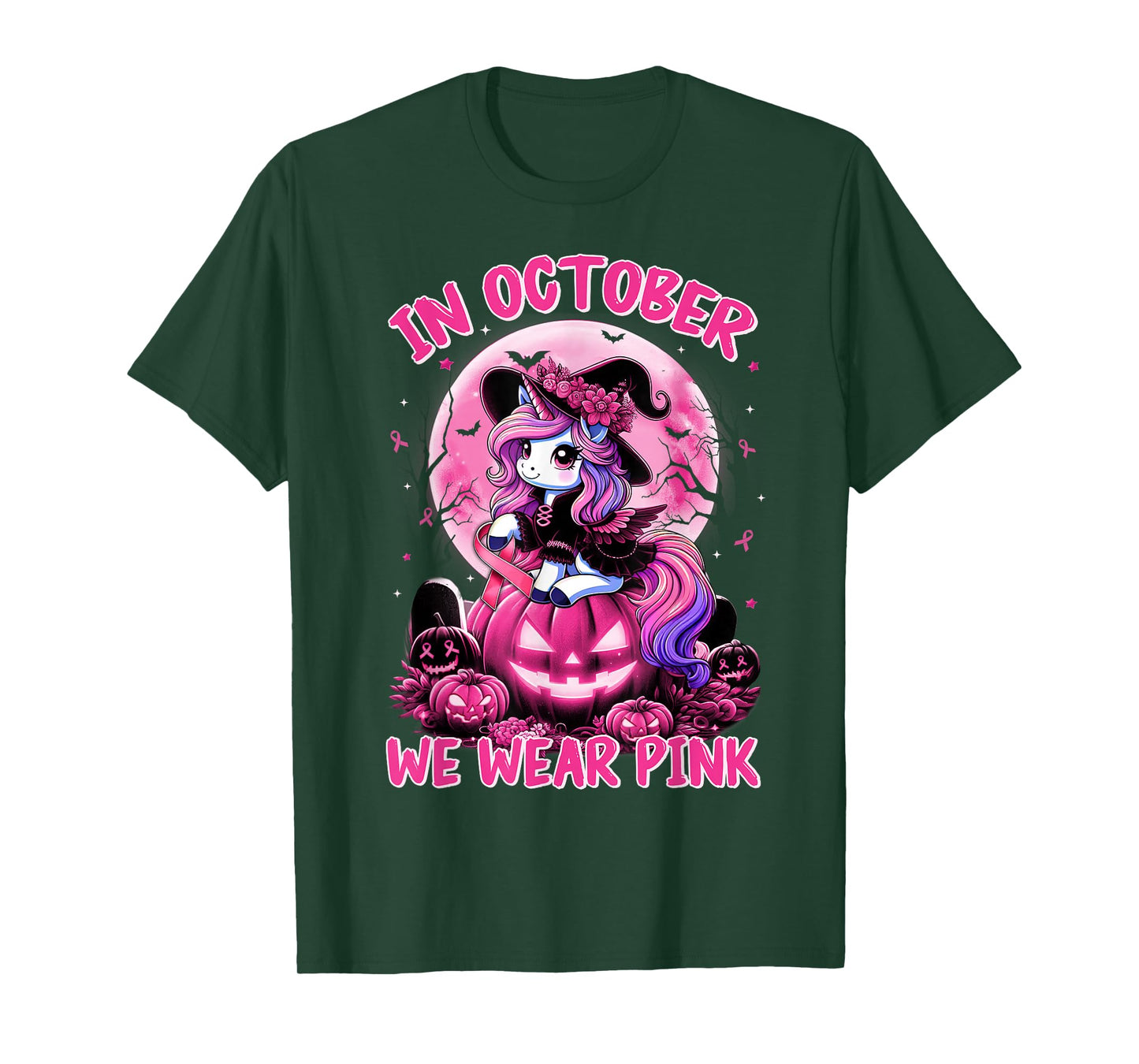 in October Wear Pink Unicorn Witch Breast Cancer Halloween T-Shirt