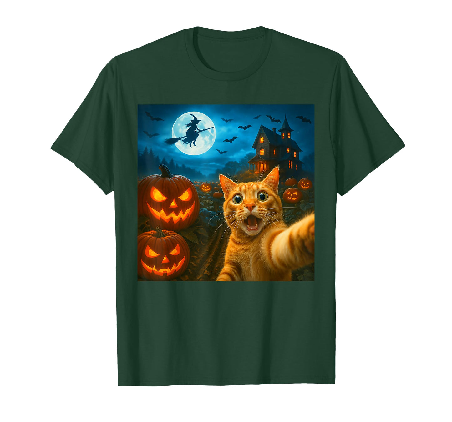 Funny Halloween Cat Selfie with Spooky Pumpkins Men Women T-Shirt