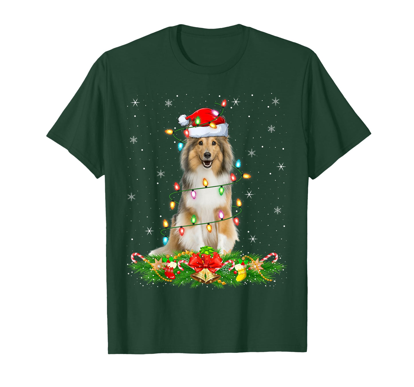 Sheltie Dog Christmas Lights Funny Santa Hat Xmas T-Shirt