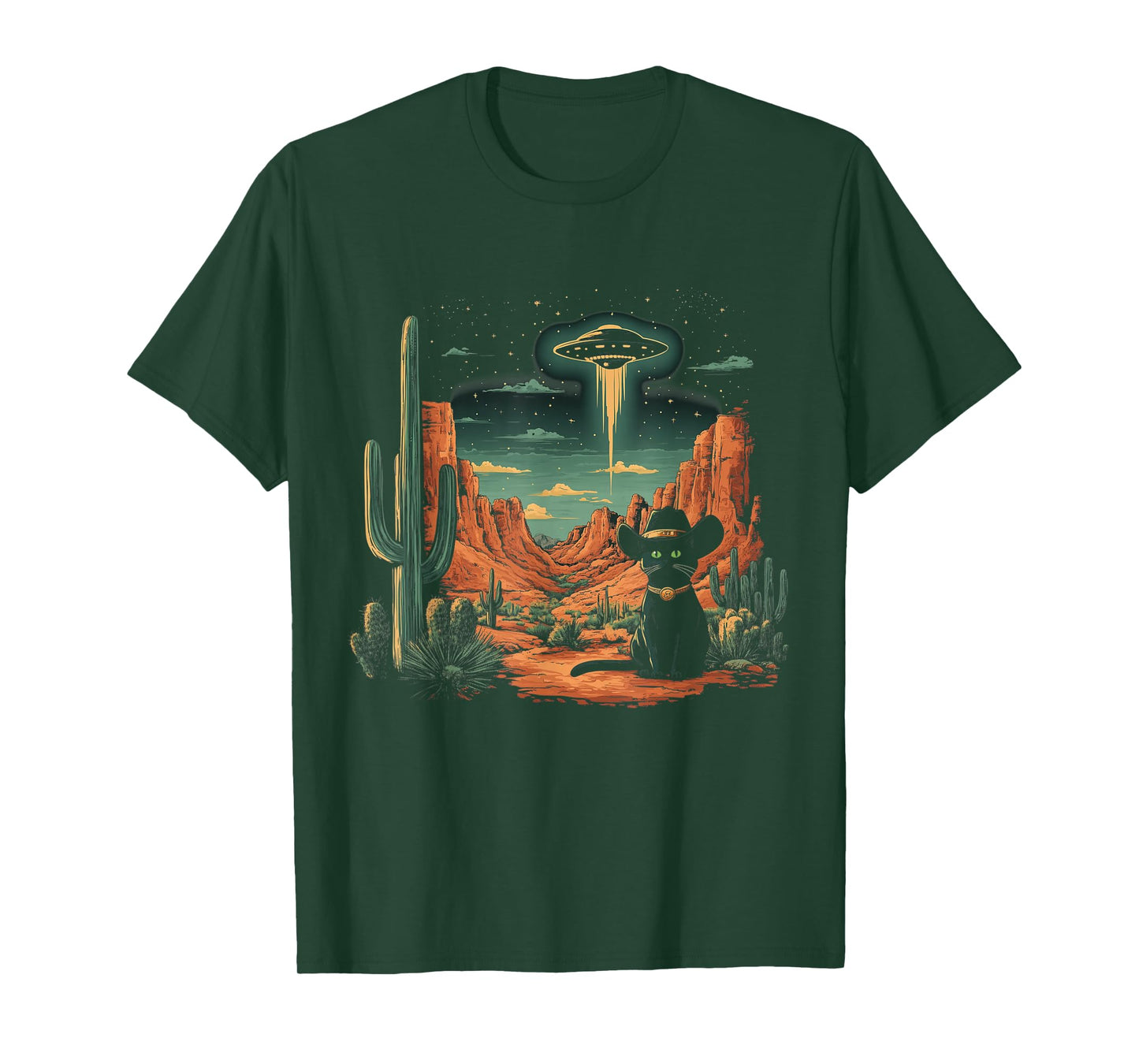 Black Cat Cowboy Hat Western UFO Alien Funny T-Shirt
