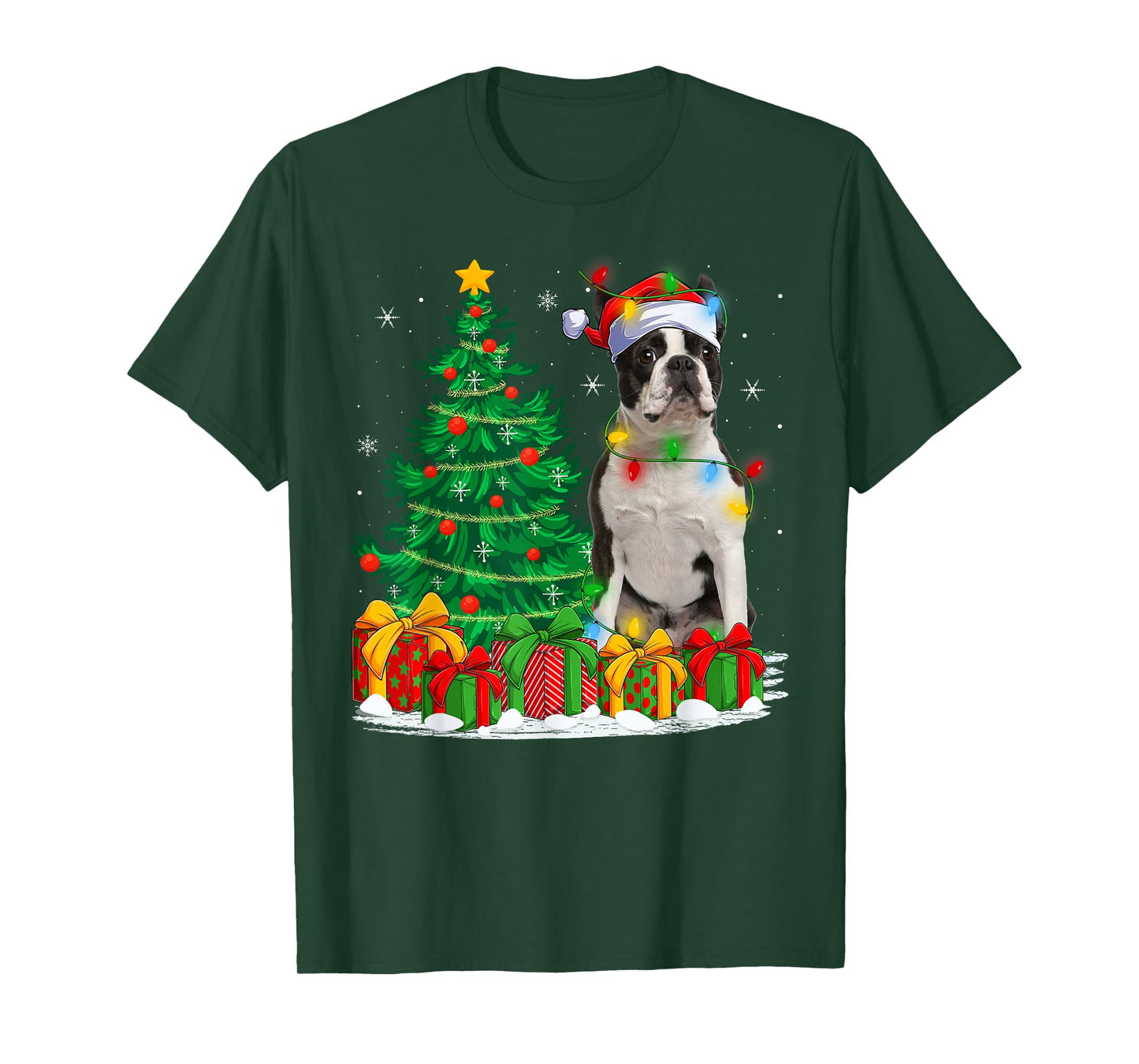 Boston Terrier Dog Christmas Tree Lights Santa Hat Xmas T-Shirt