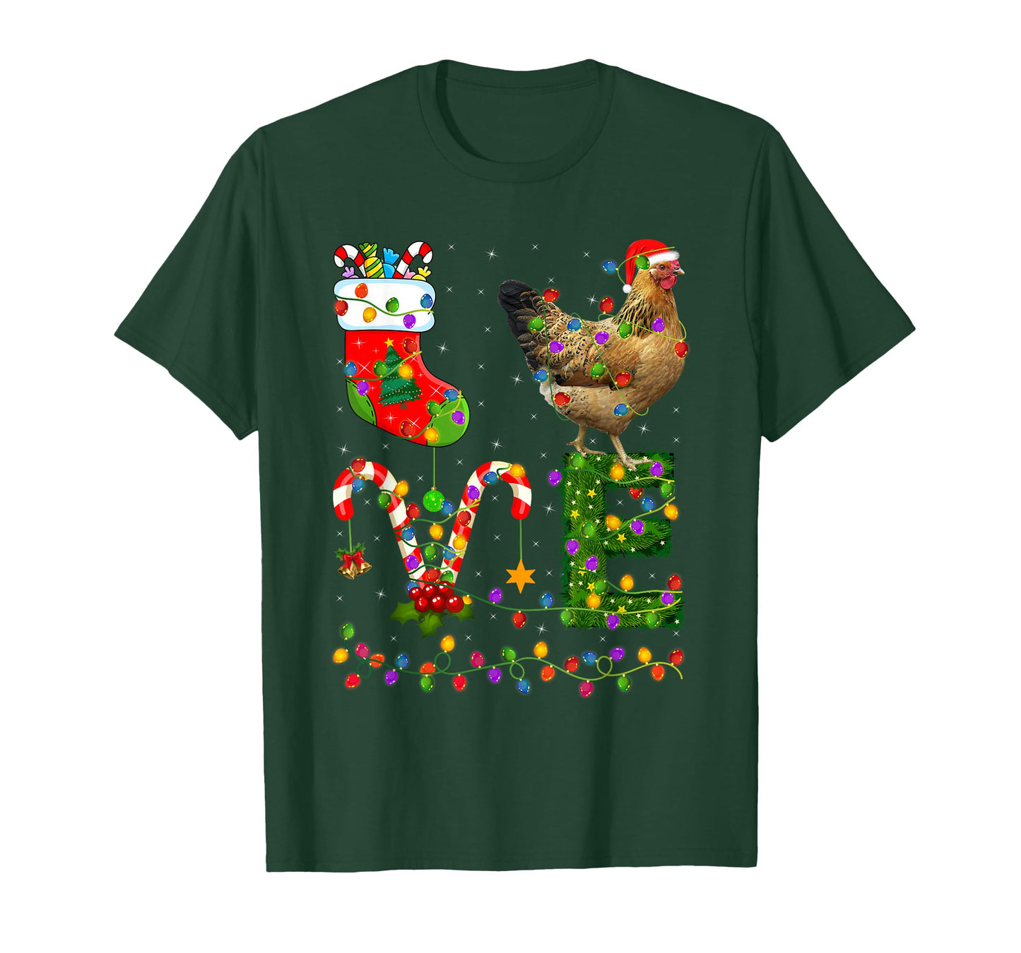 Love Chicken Christmas Lights Farm Animal Chicken Lover Xmas T-Shirt