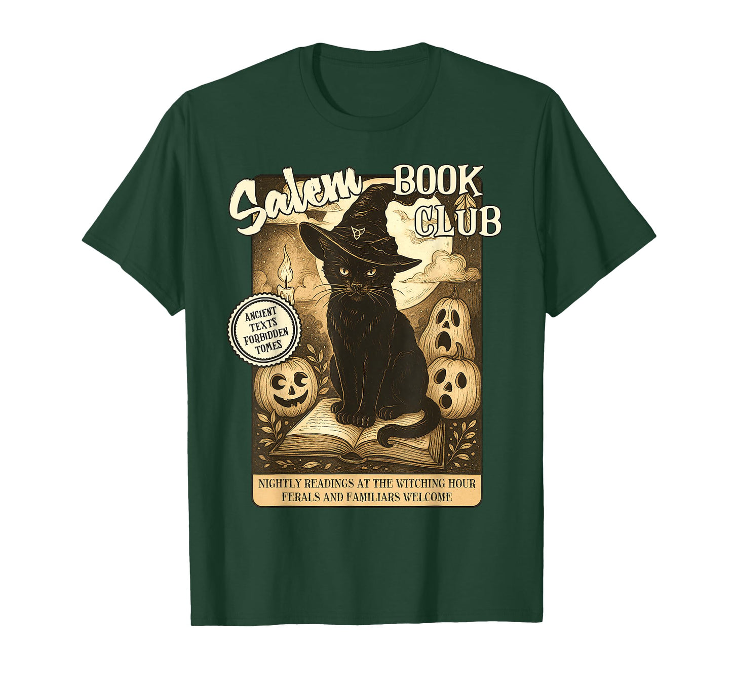 Retro Halloween Black Cat Salem Witch Book Club Bookish Men Women Kids T-Shirt
