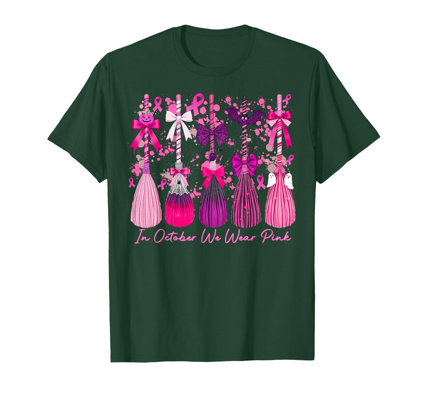 in October We Wear Pink Witch Broom Breast Cancer Halloween T-Shirt