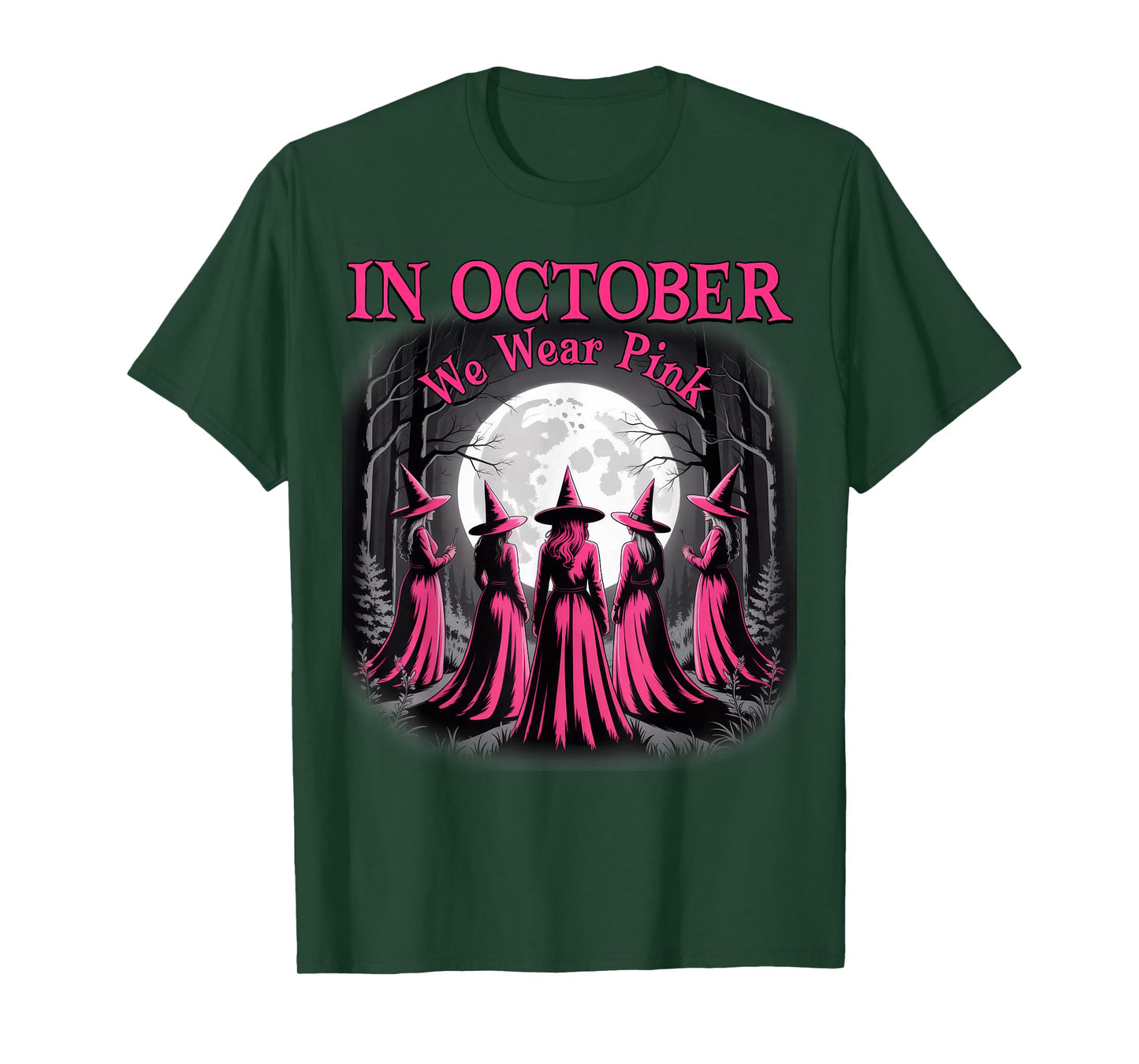 in October We Wear Pink Witch Halloween Breast Cancer Women T-Shirt
