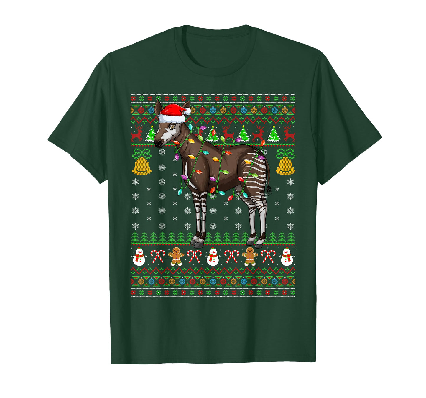 Okapi Christmas Lights Funny Okapi Santa Ugly Sweaters Xmas T-Shirt