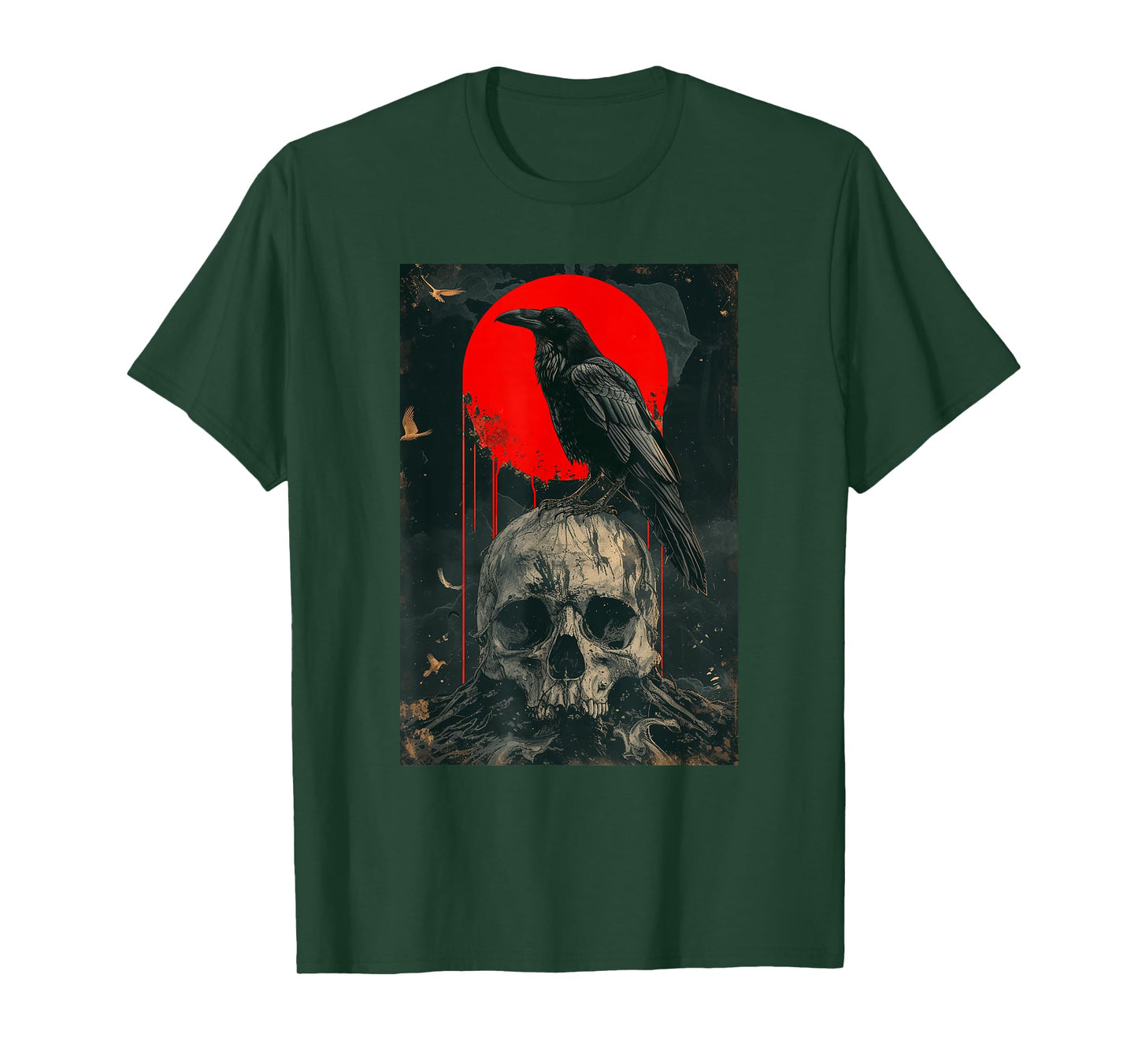 Red Moon Black Gothic Raven Skull Graphic Black Crow T-Shirt