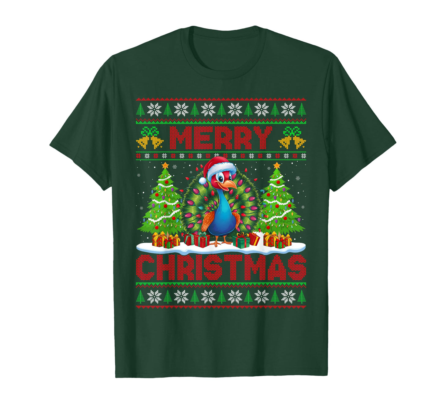 Peacock Bird Ugly Christmas Sweaters Funny Santa Lights Xmas T-Shirt