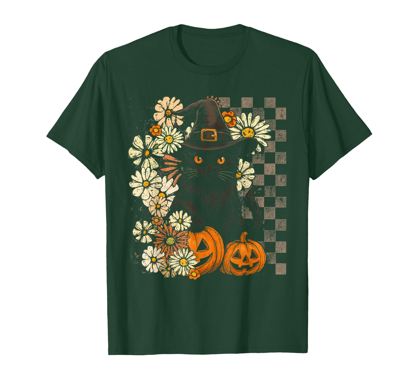 Retro Floral Black Cat Witch Pumpkin Halloween Spooky Season T-Shirt