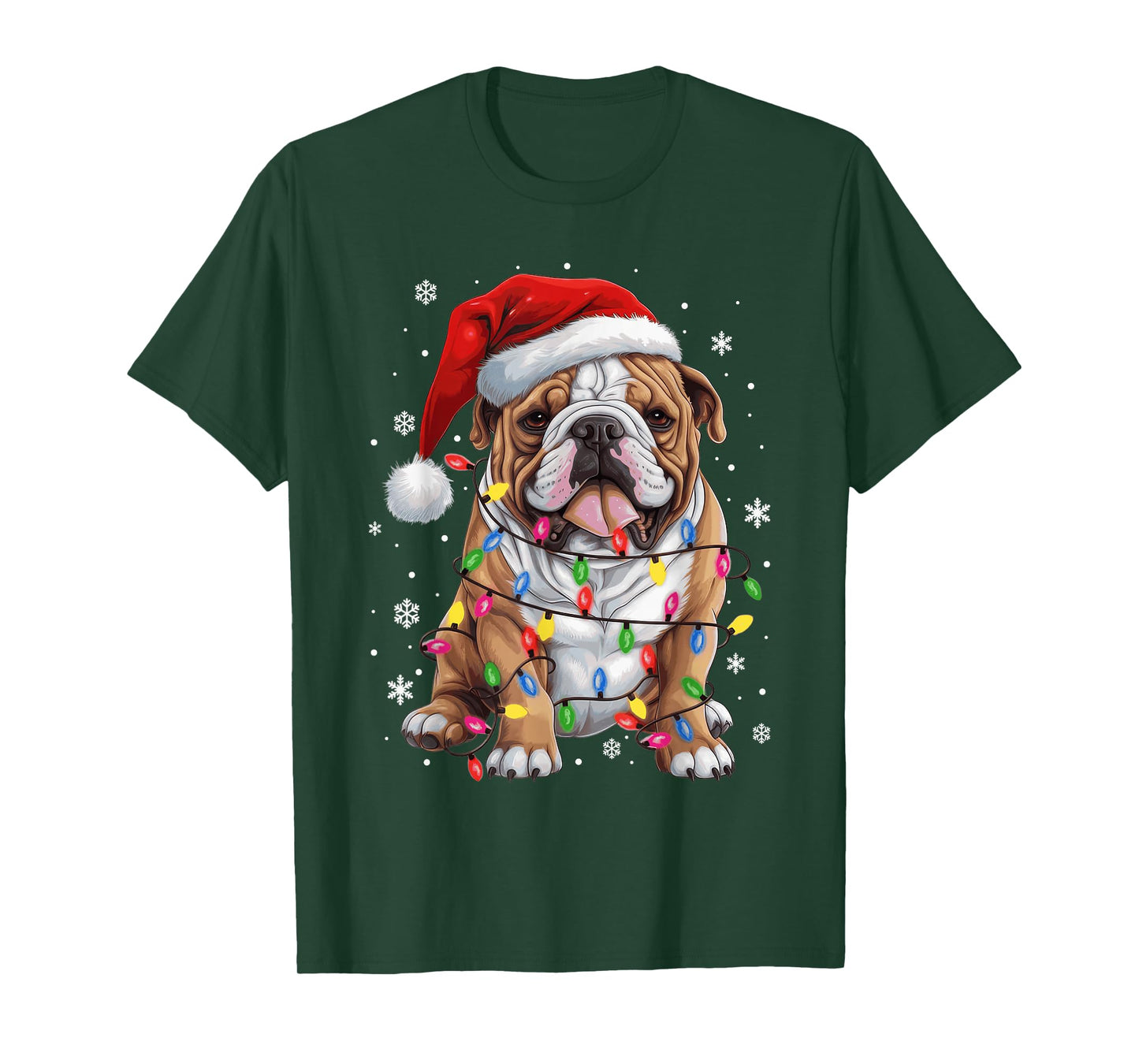 Funny Bulldog Dog Christmas Tree Light Xmas Santa Hat Pajama T-Shirt