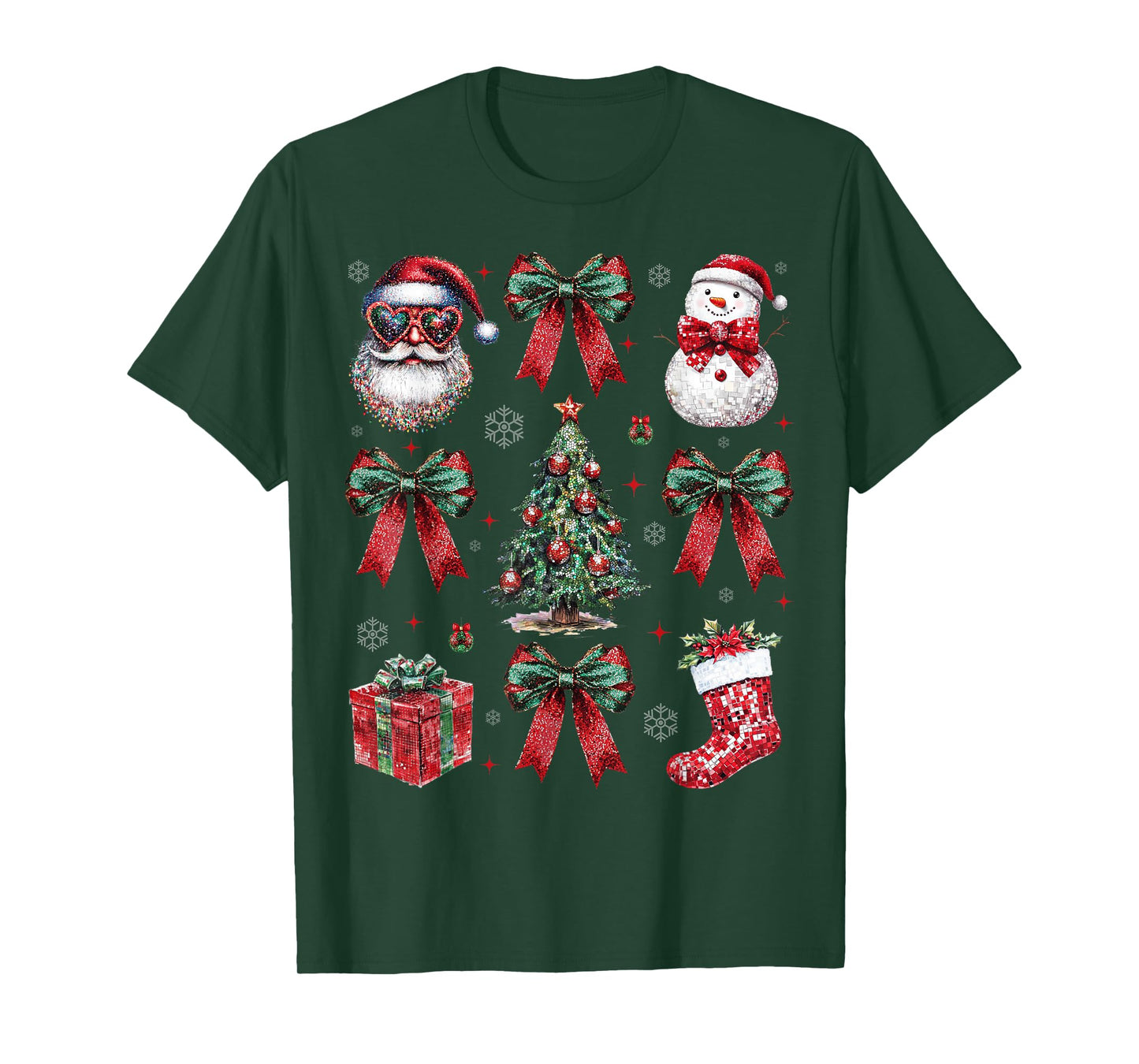Vintage Christmas Coquette Bow Santa Snowman Christmas Tree T-Shirt