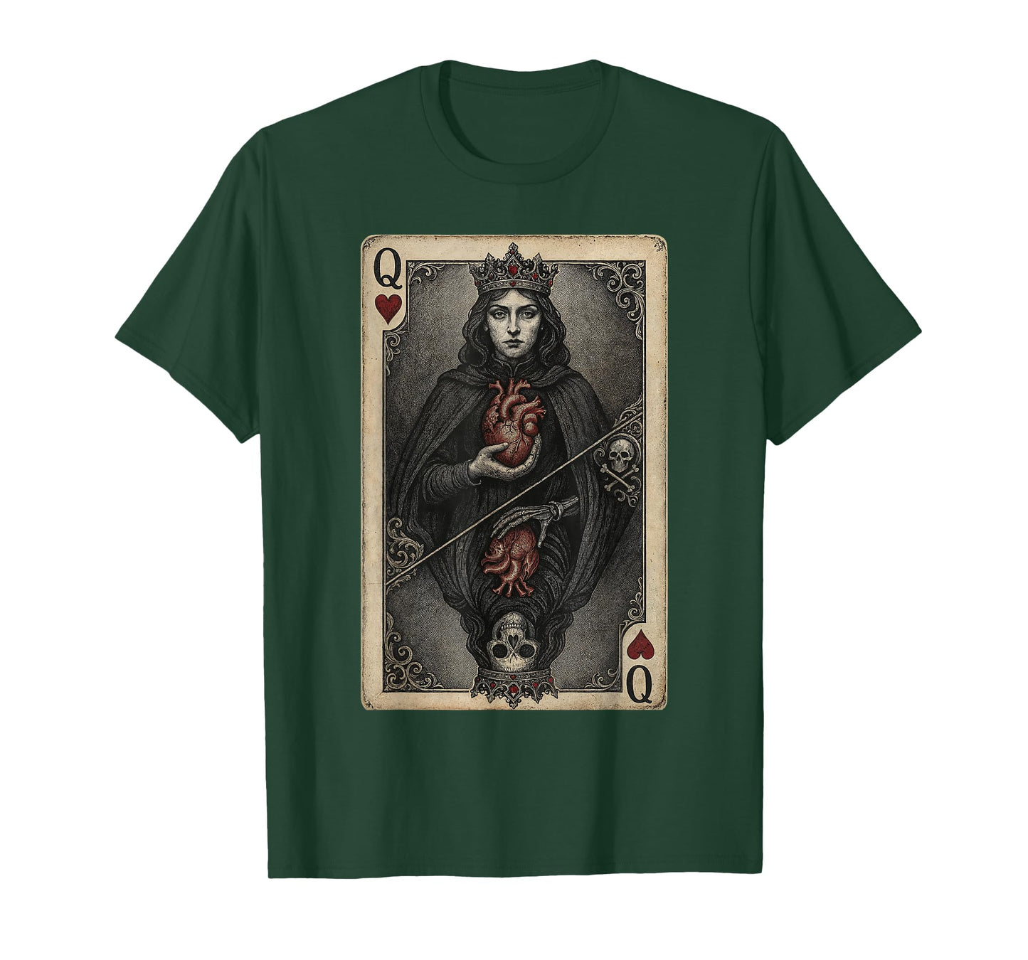 Vintage Gothic Queen of Hearts Playing Card Dark Fantasy Art T-Shirt
