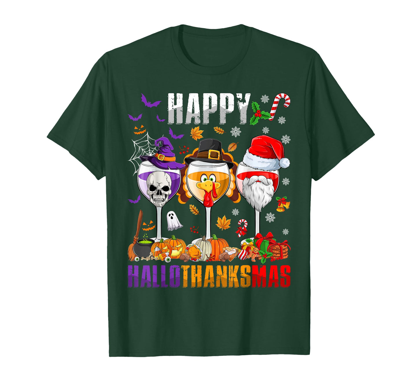 Happy Hallothanksmas Wine Halloween Thanksgiving Christmas T-Shirt