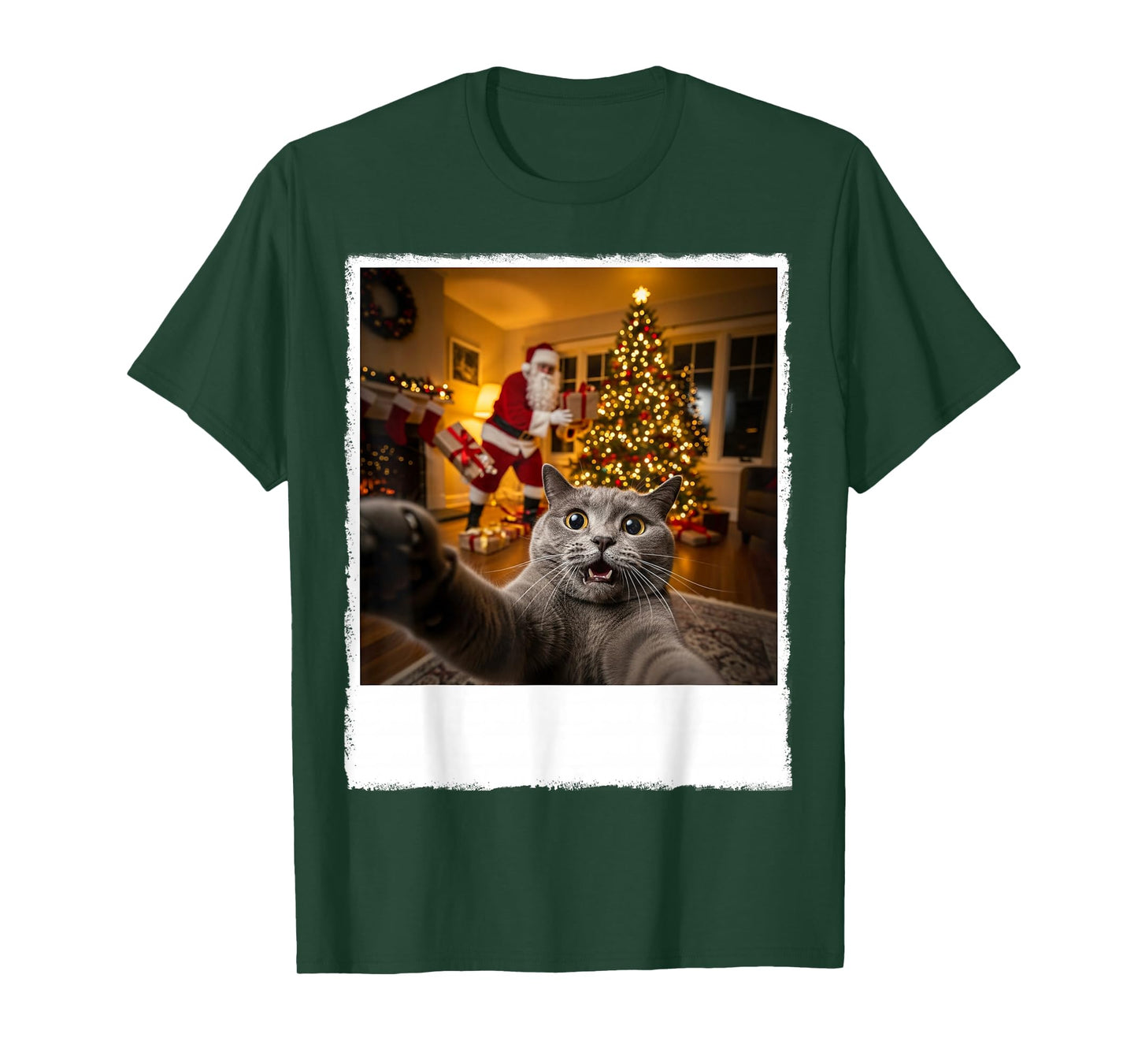 Funny Grey Cat Selfie with Santa Claus Gifts Christmas Night T-Shirt