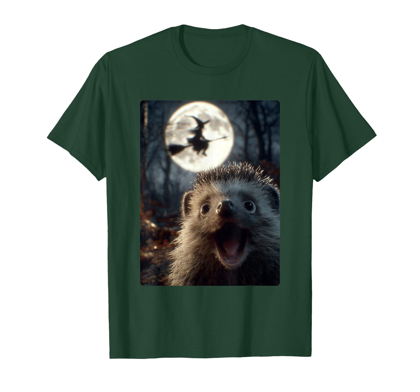 Funny Hedgehog Selfie with Full Moon Flying Witch Halloween T-Shirt