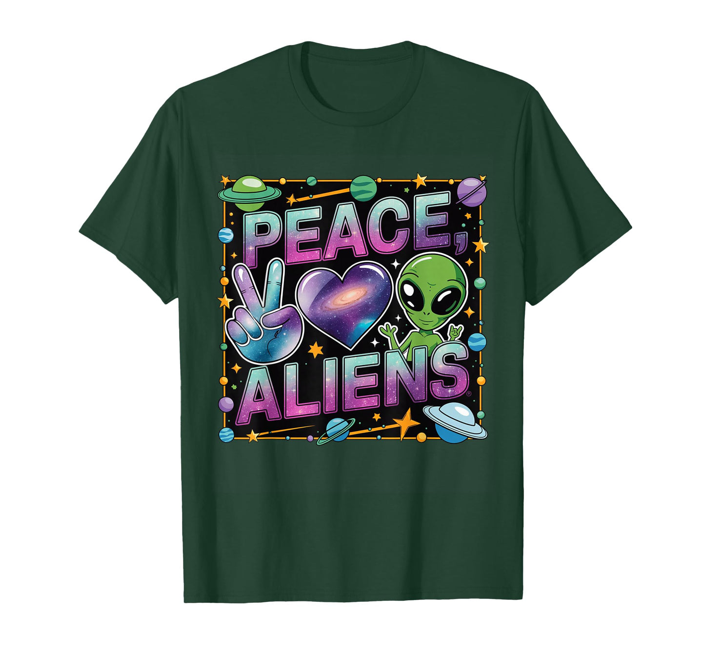Peace Love Aliens Cool Funny Retro Vintage UFO UAP Alien T-Shirt