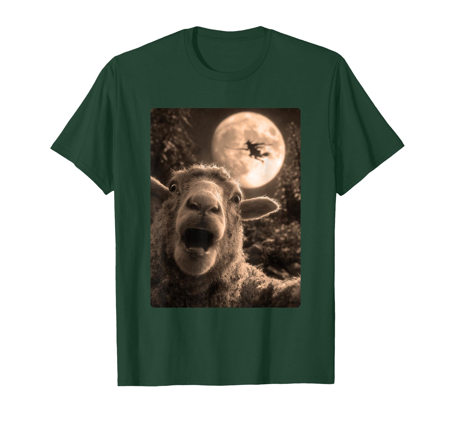 Funny Sheep Selfie Full Moon Flying Witch Forest Halloween T-Shirt