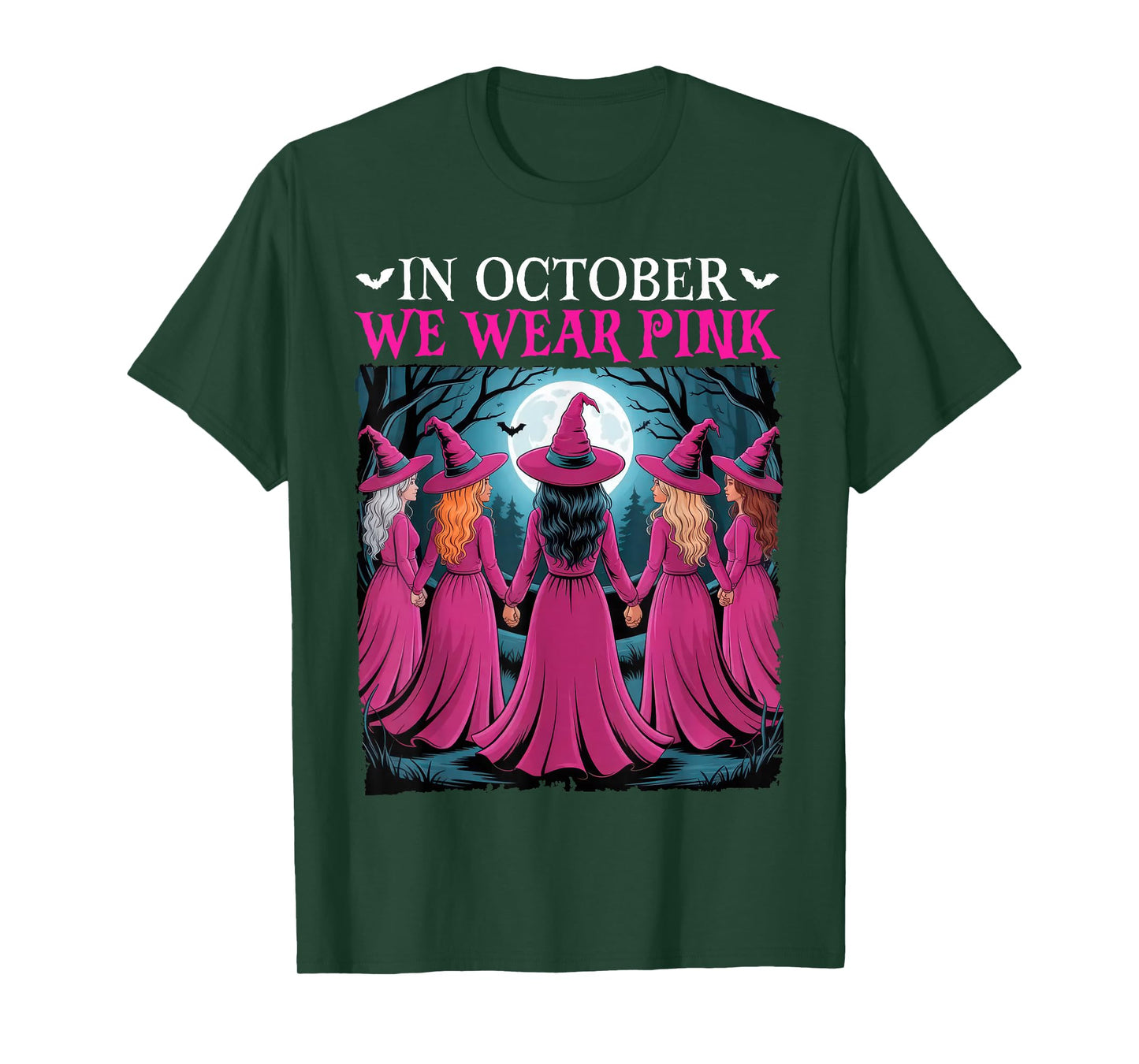 in October We Wear Pink Witch Halloween Breast Cancer Women T-Shirt
