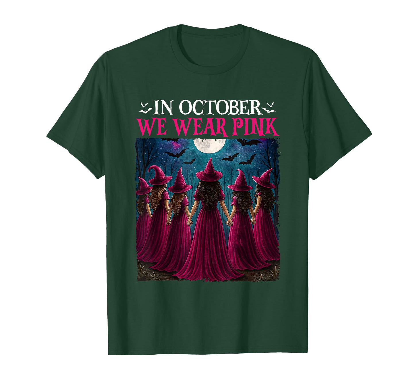 in October We Wear Pink Witch Halloween Breast Cancer Women T-Shirt
