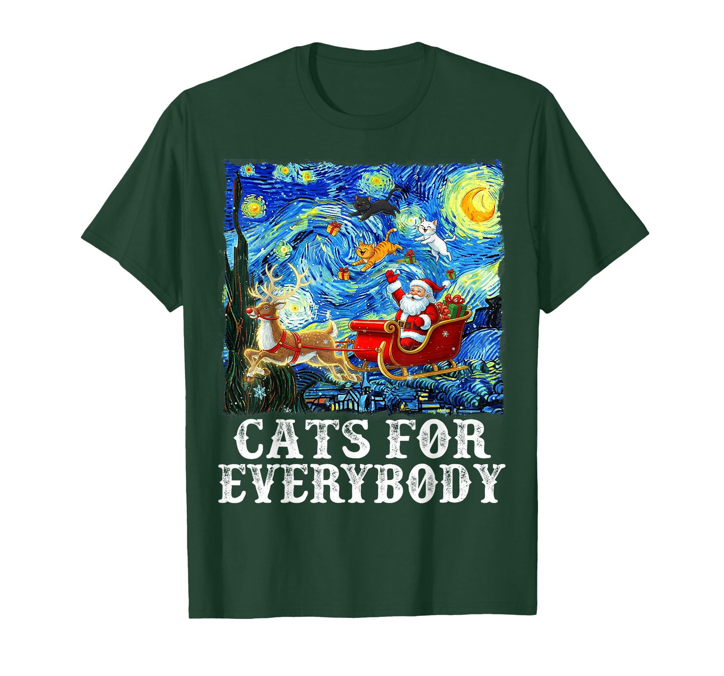 Santa Sleigh Christmas Cats for Everybody Starry Night Xmas T-Shirt