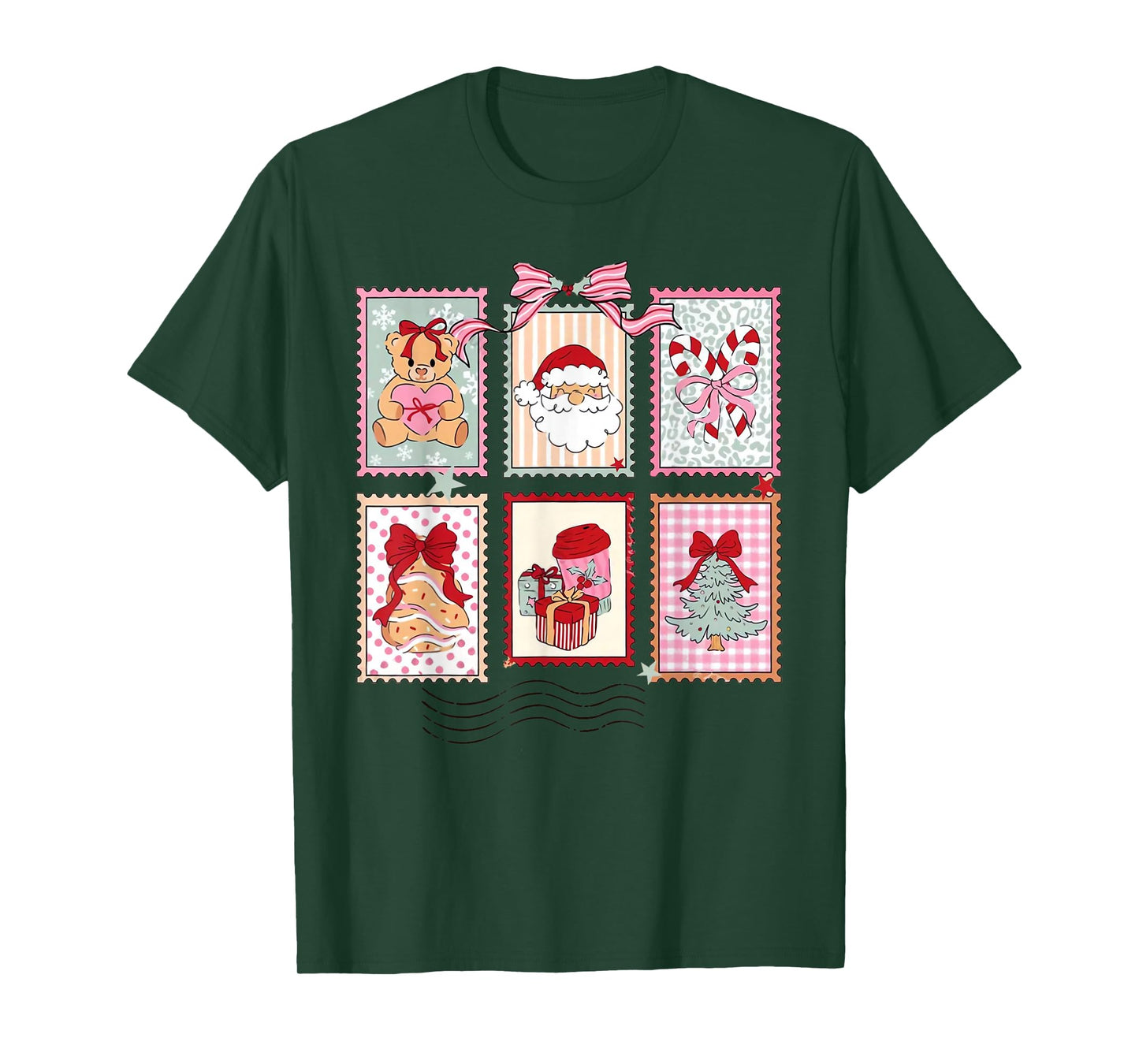 Pink Coquette Girly Vintage Christmas Stamp Santa Claus Xmas T-Shirt