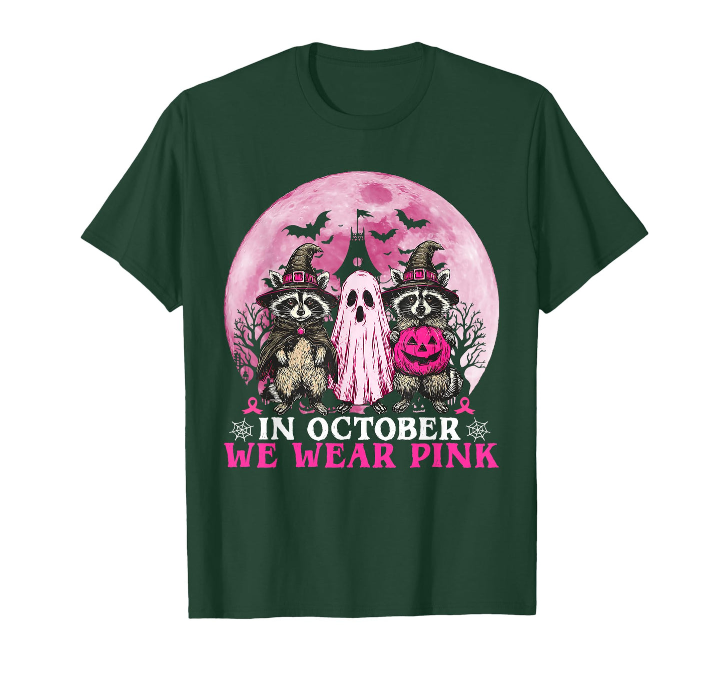 Ghost and Witch Raccoon in October We Wear Pink Halloween T-Shirt