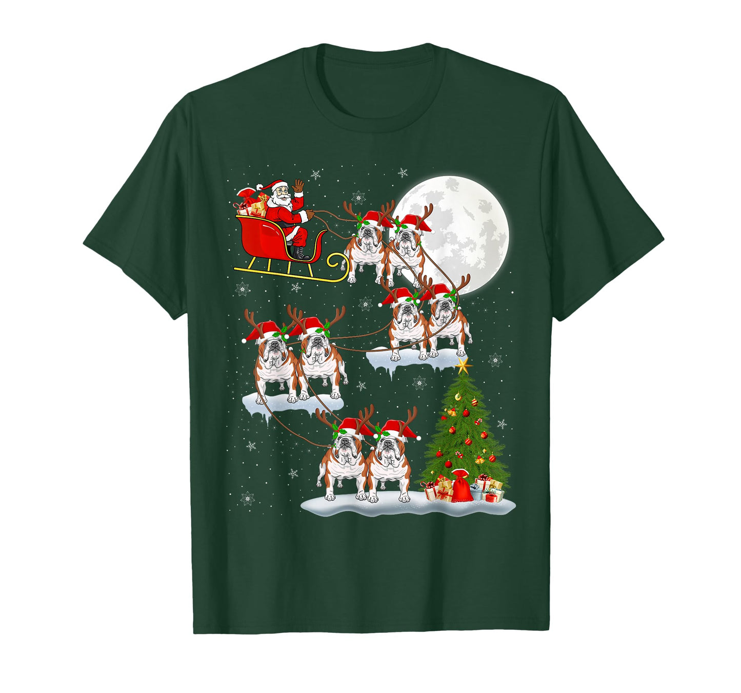 English Bulldog Santa Sleigh Flying Funny Magical Christmas T-Shirt