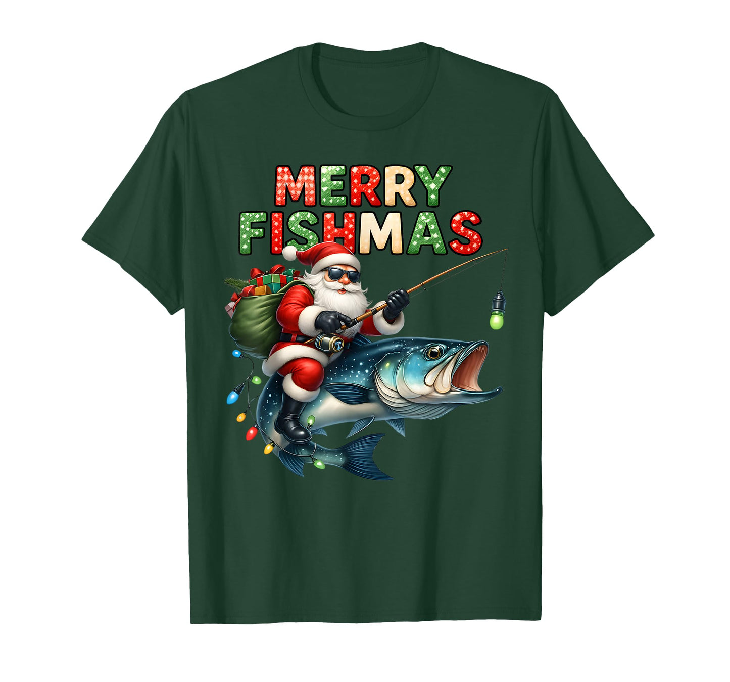 Merry Fishmas Santa Fishing Lovers Funny Christmas Lights T-Shirt
