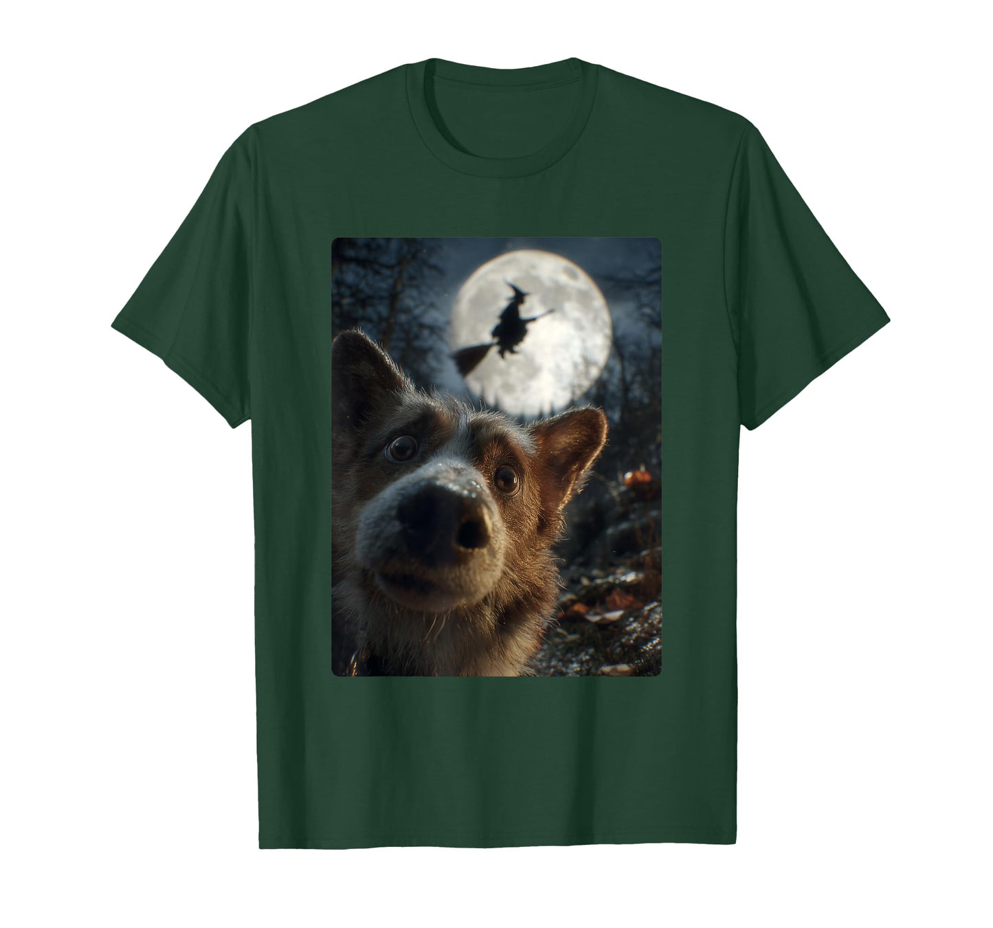 Funny Corgi Selfie with Full Moon Flying Witch Halloween Dog T-Shirt