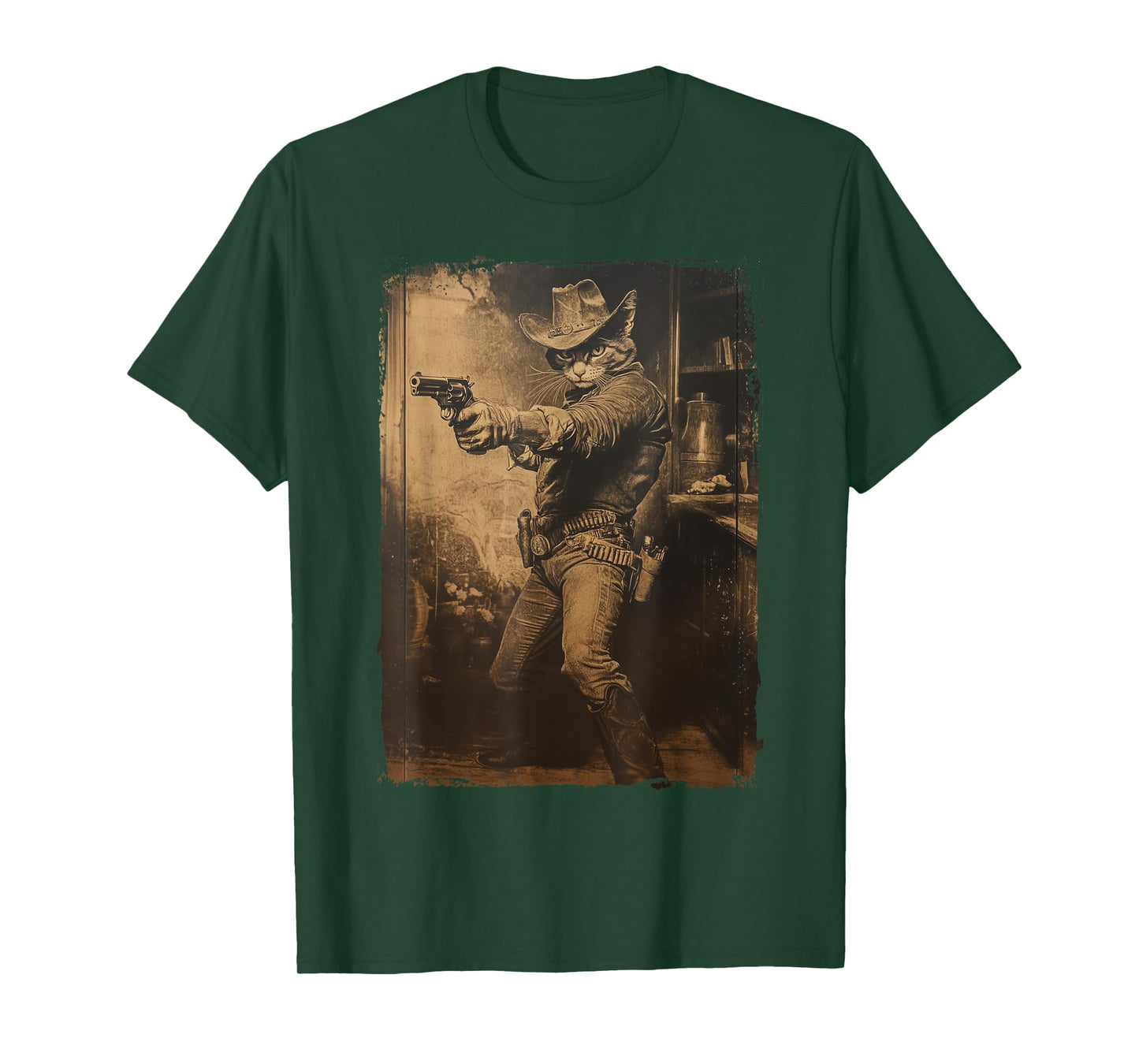 Vintage Cowboy Cat with Revolver Gunslinger Wild West Outlaw T-Shirt