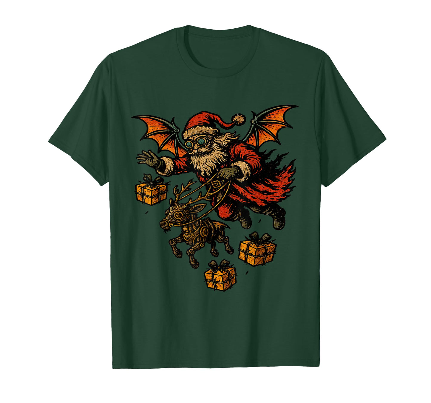 Gothic Santa with Bat Wings Robot Reindeer T-Shirt
