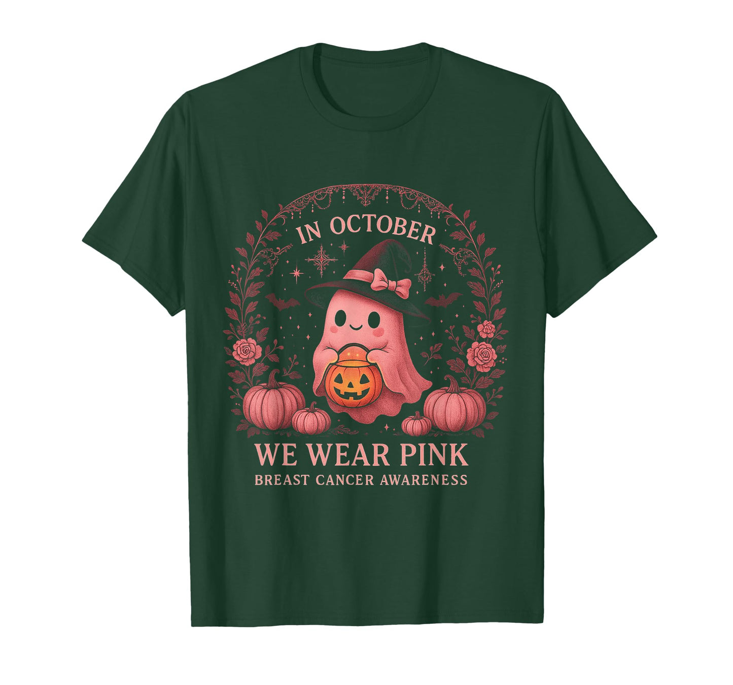 in October We Wear Pink Breast Cancer Awareness Ghost T-Shirt