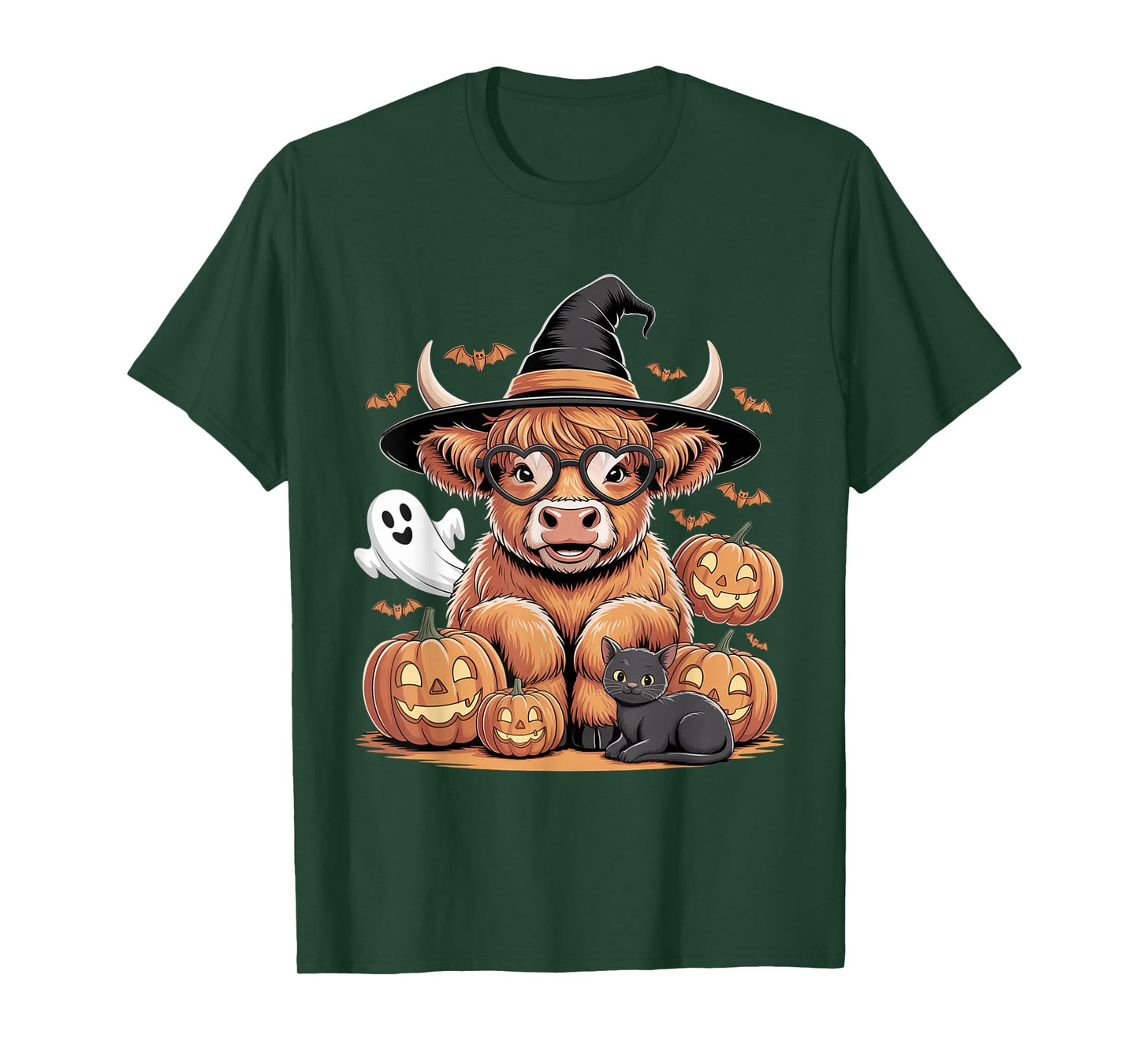Cute Highland Cow Witch Halloween Pumpkin Black Cat Ghost T-Shirt