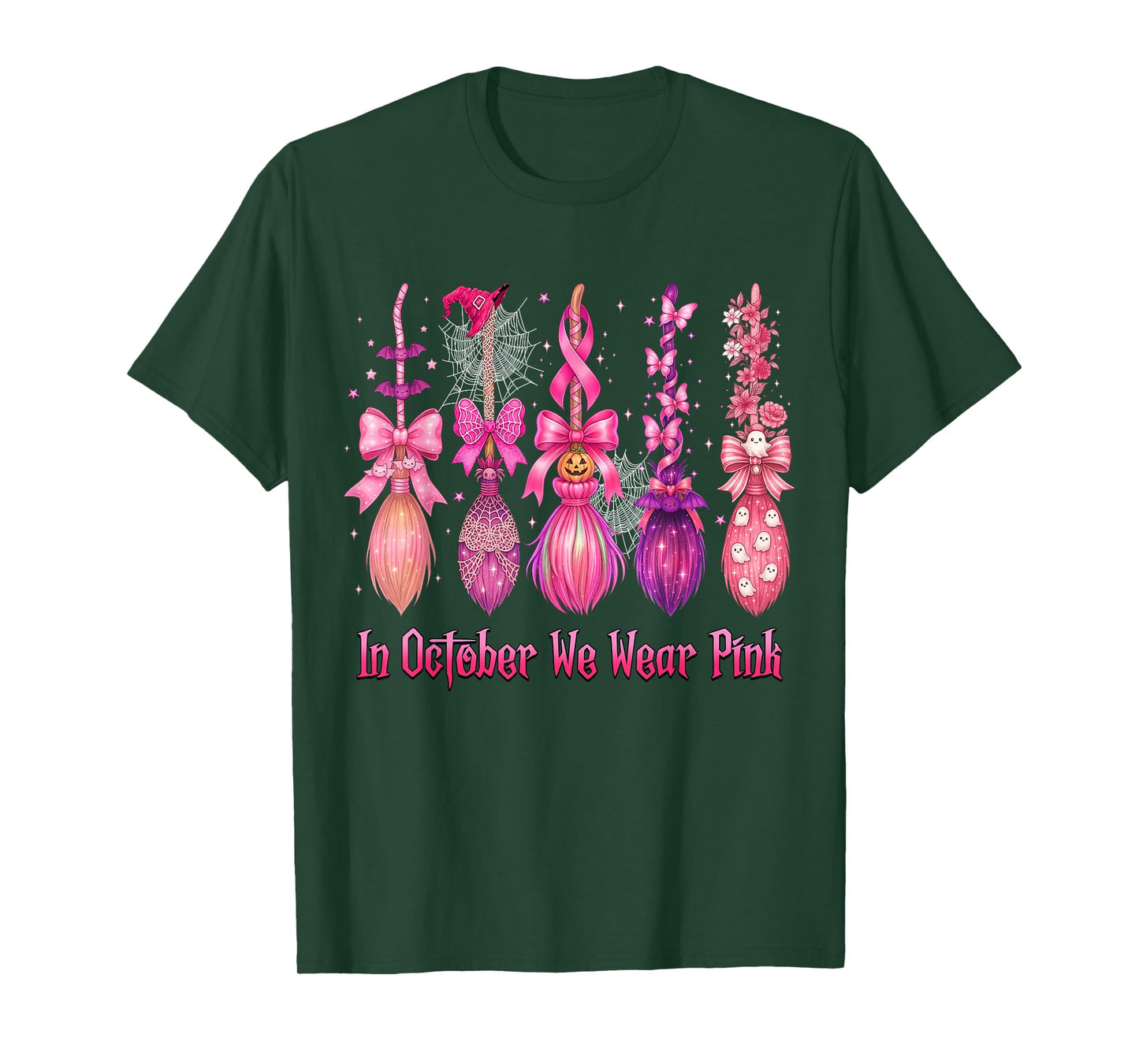 in October We Wear Pink Witch Broom Halloween Breast Cancer T-Shirt