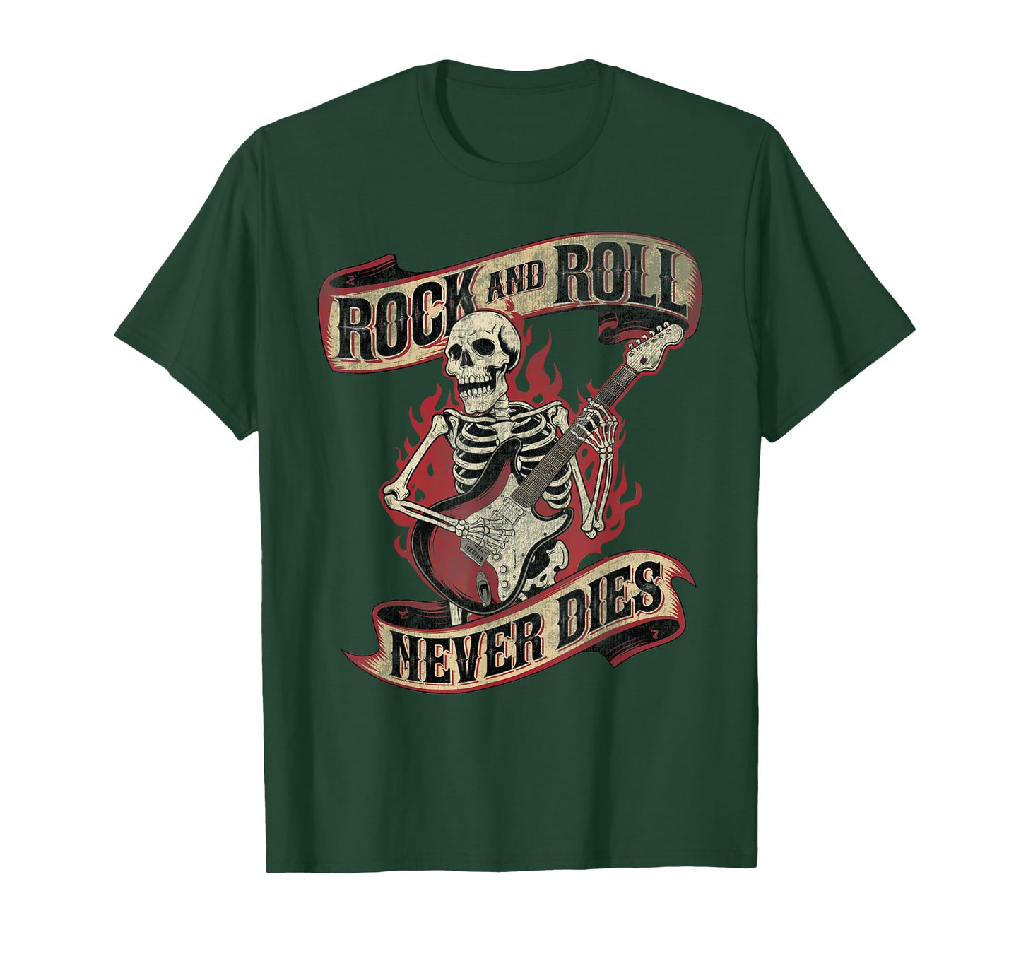 Rock and Roll Never Dies Skeleton Vintage ROCK Music T-Shirt